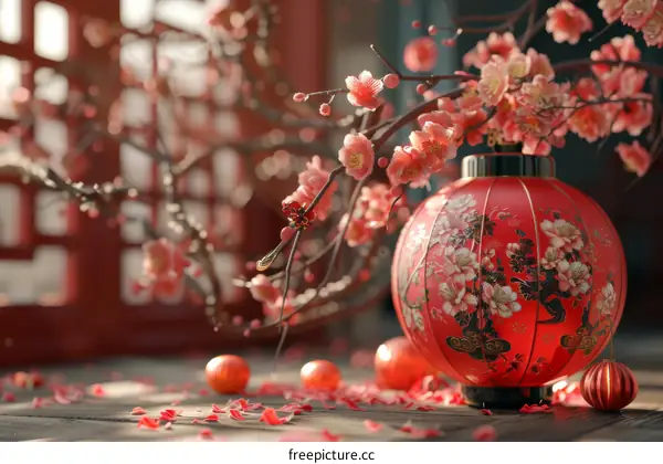 Festive Chinese New Year Lantern with Cherry Blossoms