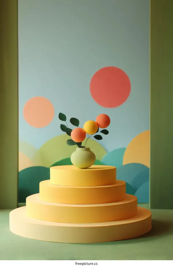 Colorful Abstract Vase Display on Multi-Tiered Stand