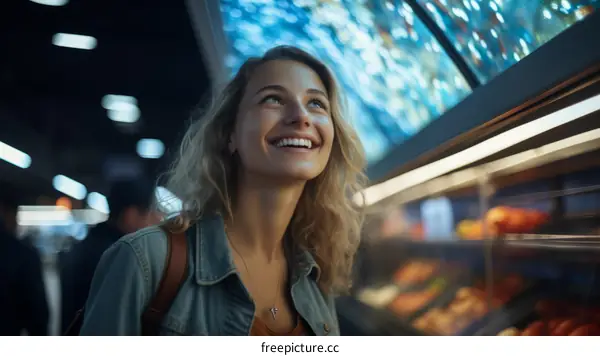 Portrait of a happy young woman looking at the display in a supermarket