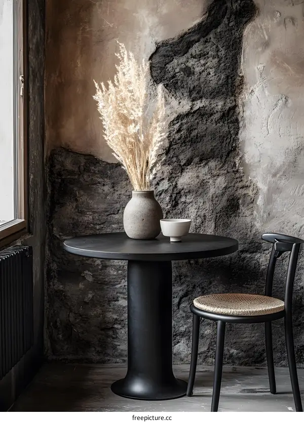 Black Table with Vase and Dried Flowers in Rustic Interior