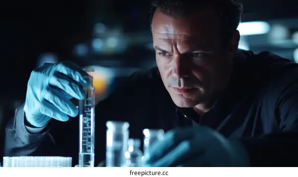 Scientist Working in a Dark Laboratory