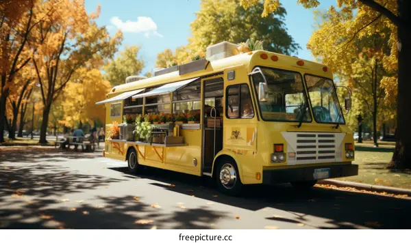 Yellow food truck parked in a park with autumn trees