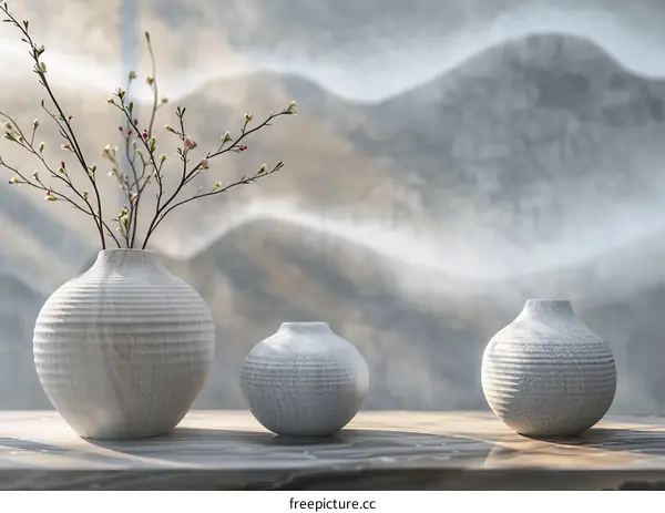 Elegant Gray Vases with Blooming Branches