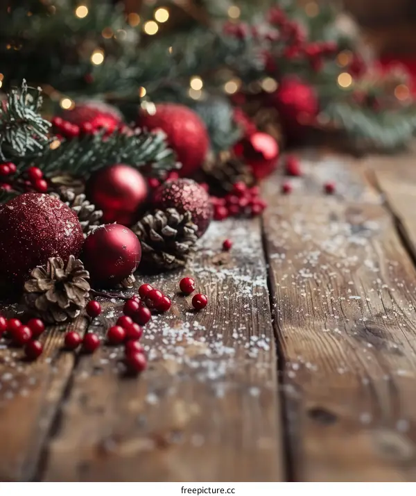 Red and green Christmas ornaments on a wooden table