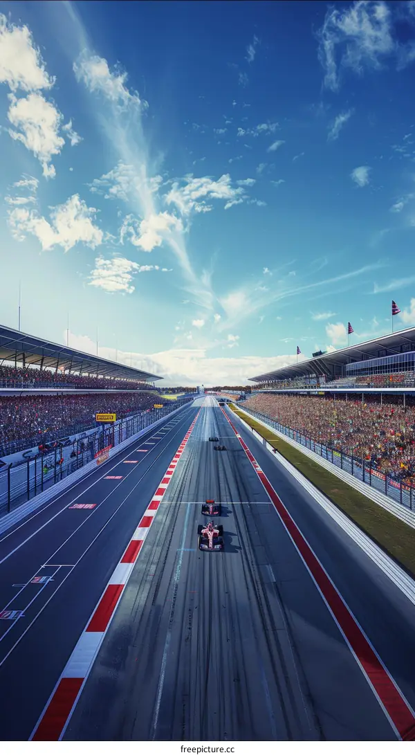 Formula One race cars speeding down a track