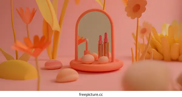 Pink and Yellow 3D Illustration of Makeup Products in a Garden