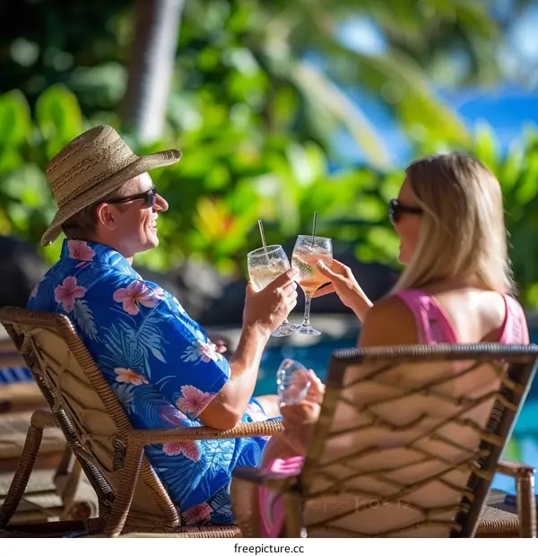 A couple is sitting on the edge of a swimming pool and drinking cocktails