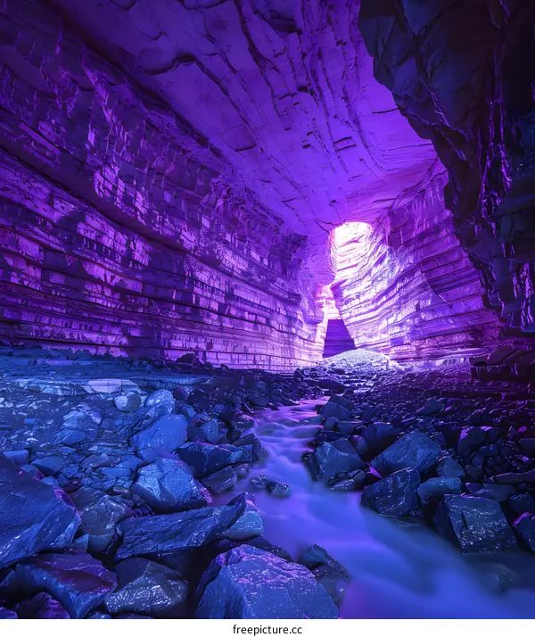 Underground river flowing through a purple cave
