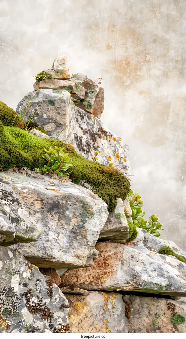 Stacked Rocks With Moss and a Textured Background
