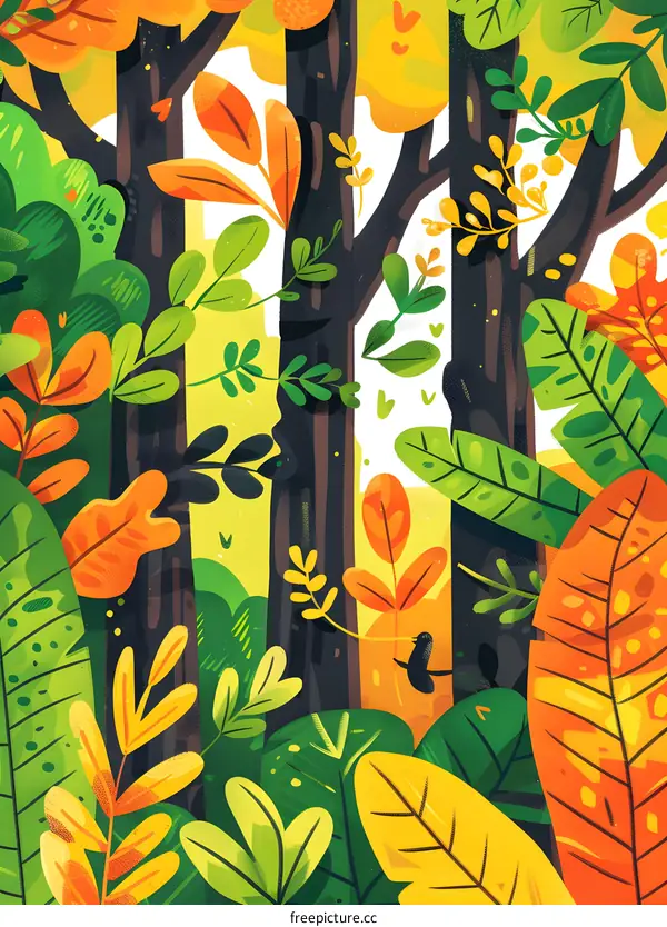 Colorful Illustration of a Forest With Lush Green and Yellow Leaves