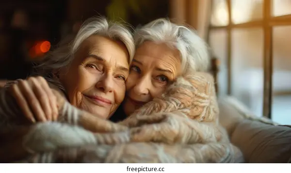 Two elderly women are sitting on a couch and smiling.