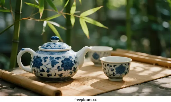 Blue and White Porcelain Teapot with Cups on Bamboo Mat