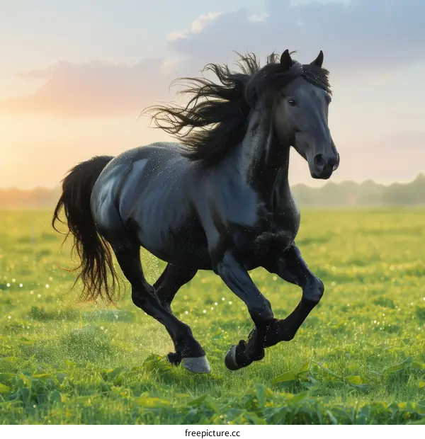 A black horse is galloping in the green field