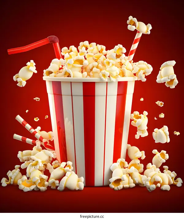 Popcorn Bucket with Red Stripes and Straws