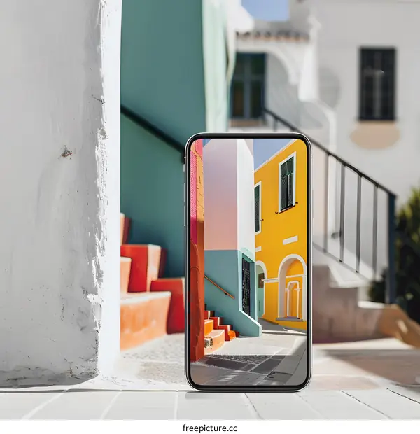 Smartphone Displaying Colorful Mediterranean Cityscape