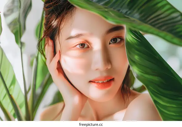 Beautiful Asian Woman with Green Leaves