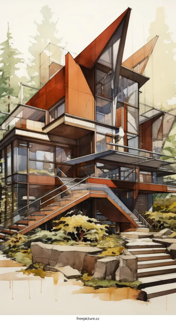 watercolor painting of a modern house with a watercolor background