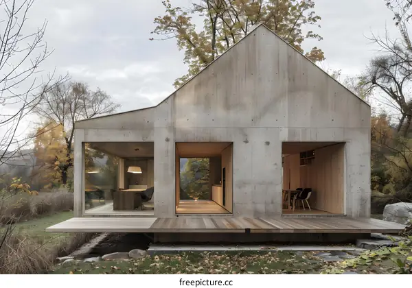 Modern Concrete House with Large Windows and Wooden Deck