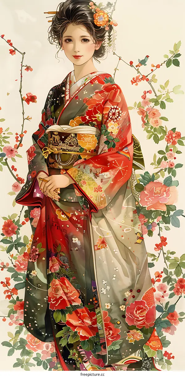 A Japanese woman wearing a kimono stands in a field of flowers.