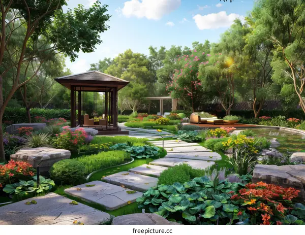 Digital Garden Scene with Gazebo and Pond
