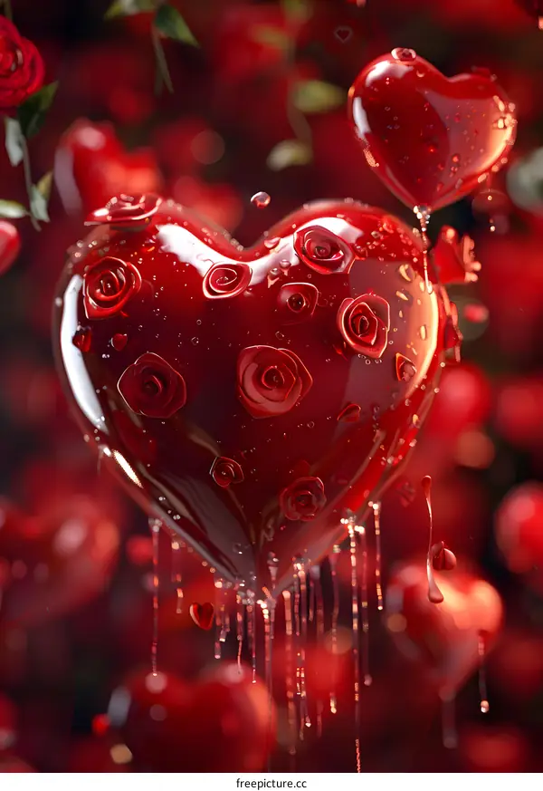A crystal clear heart-shaped balloon slowly rises in a blooming red rose bush