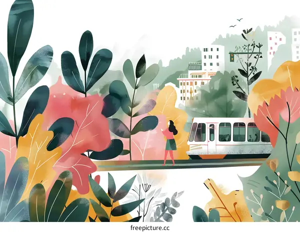 Woman Standing by Train in City Park