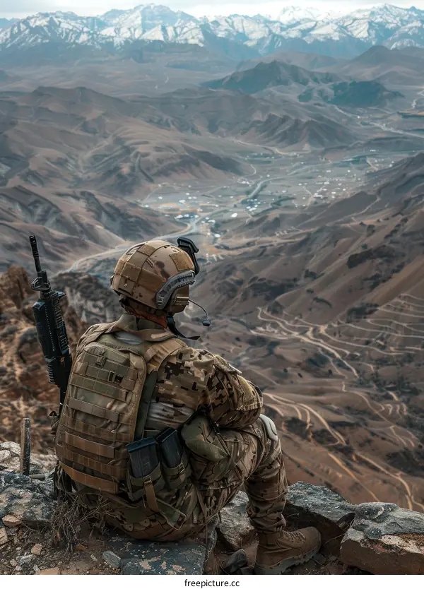 Soldier looking down at a valley in Afghanistan