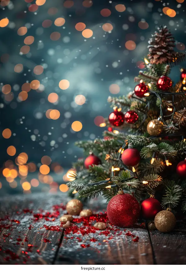 Christmas tree with red and gold ornaments and lights