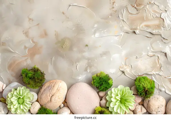 Beige Background With Rocks, Moss and Green Flower