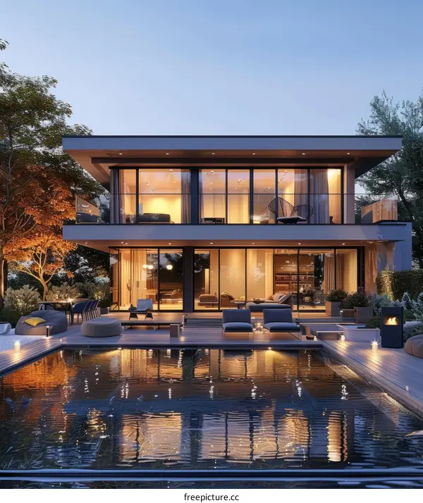 Modern Luxury Villa with Swimming Pool and Garden at Dusk