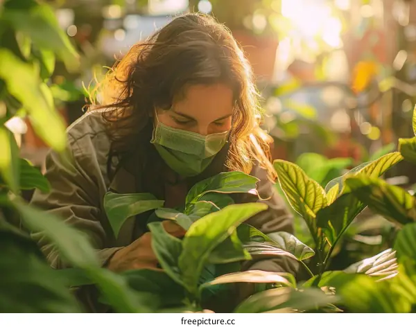 A woman wearing a mask is gardening in a greenhouse.