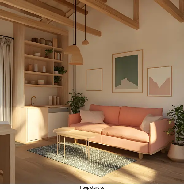 Modern Minimalist Living Room Interior Design with Wooden Beams and Green Rug