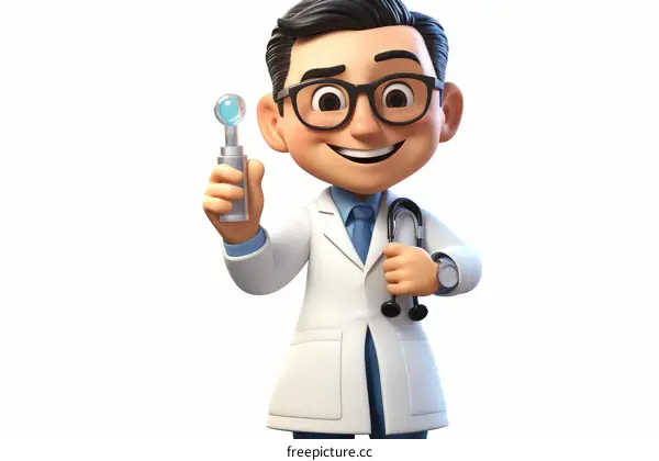 A cartoon doctor holding a medical tool