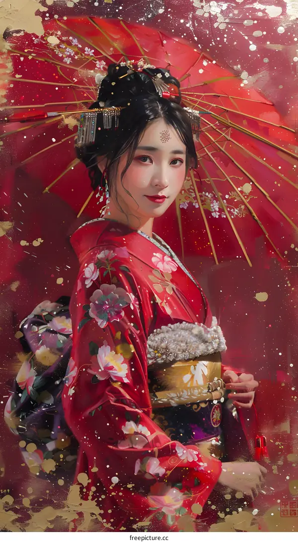 Beautiful Woman in Traditional Japanese Kimono and Red Umbrella