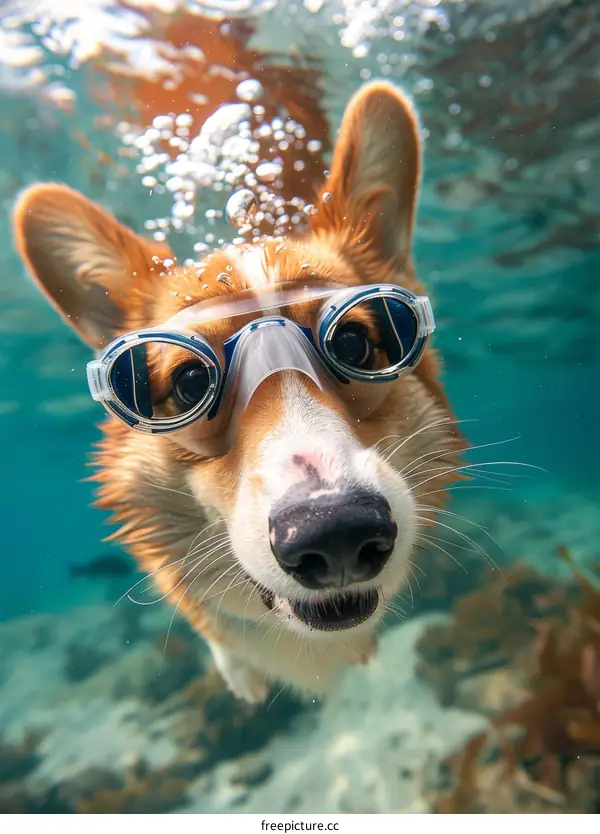 A cute corgi dog wearing swimming goggles swims underwater