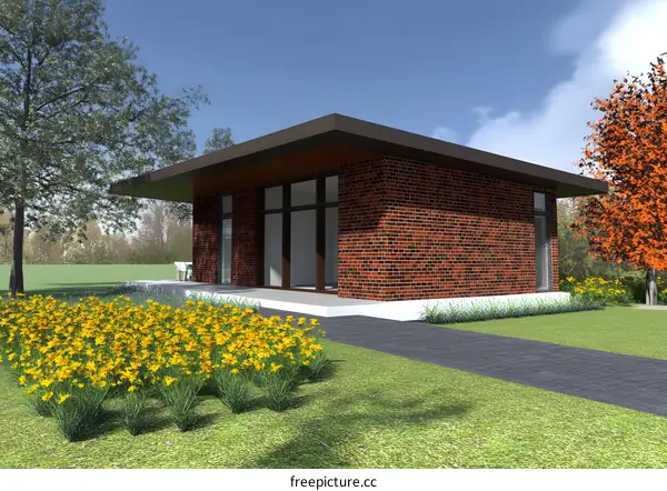 Modern Brick House with Large Windows and Yellow Flowers