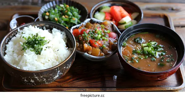 A delicious and healthy Japanese meal with rice, vegetables, and miso soup