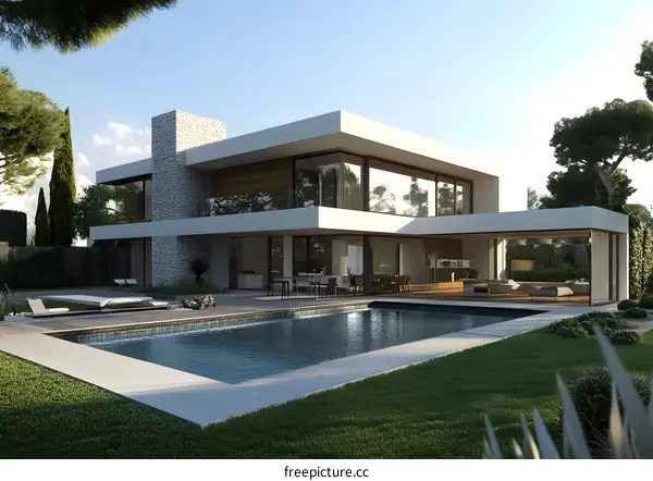 Modern Architecture with a Swimming Pool and Green Lawn