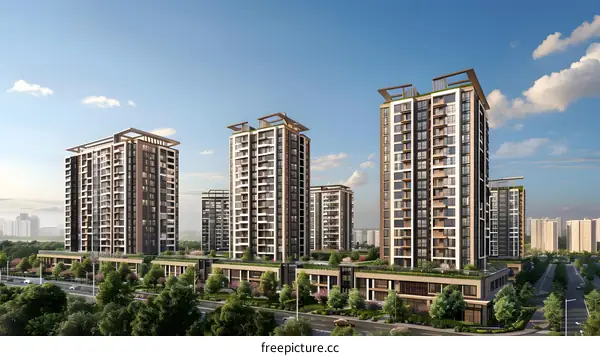 Modern Apartment Buildings with Green Roof and Trees