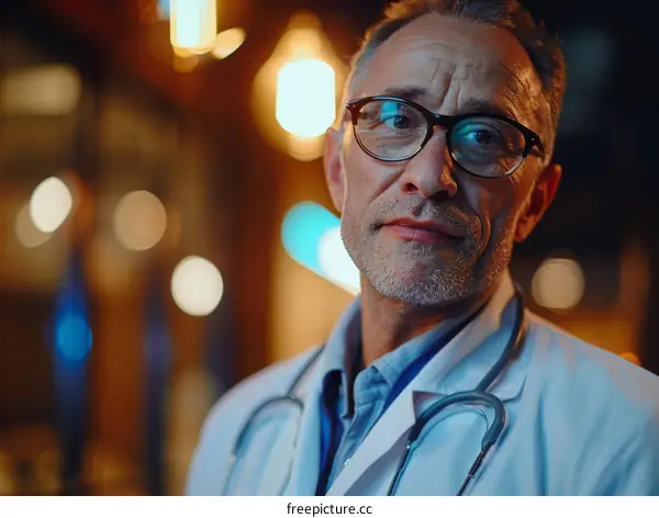 Portrait of a male doctor wearing glasses and a stethoscope around his neck