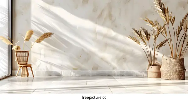 Minimalist Interior Design with Wicker Chair and Dried Palm Leaves