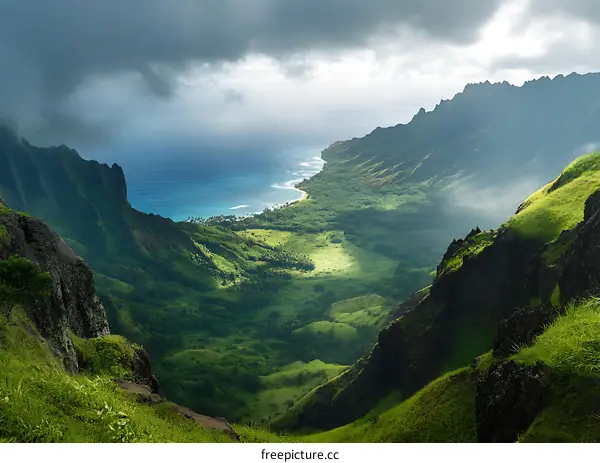 Aerial View of Lush Green Valley and Coastline with Clouds