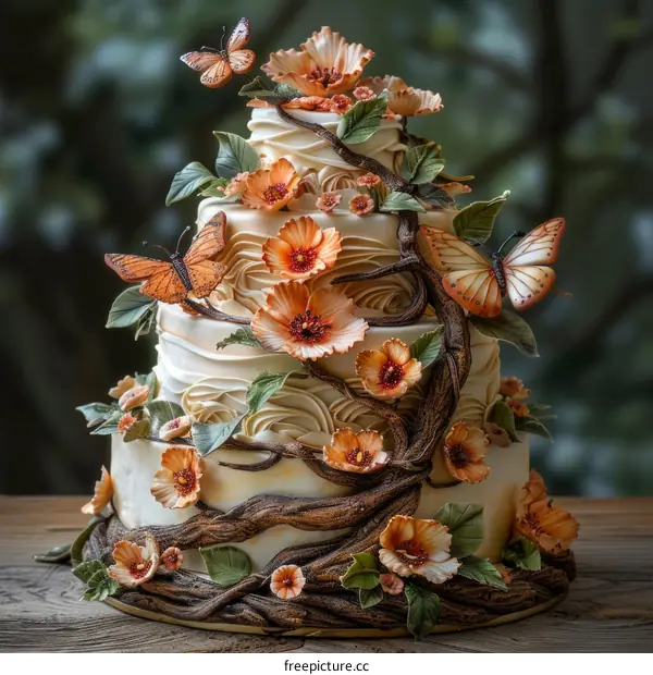 Four tier wedding cake decorated with orange sugar flowers and butterflies