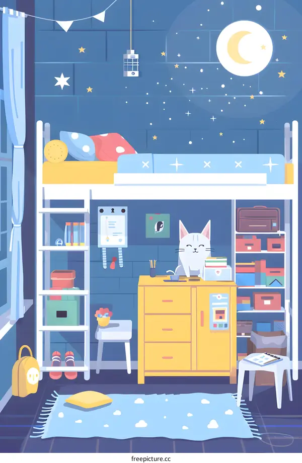 Cute Cat in Bedroom Illustration
