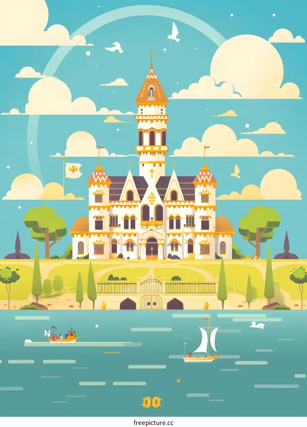 Cartoon Illustration Of A Castle By The Sea