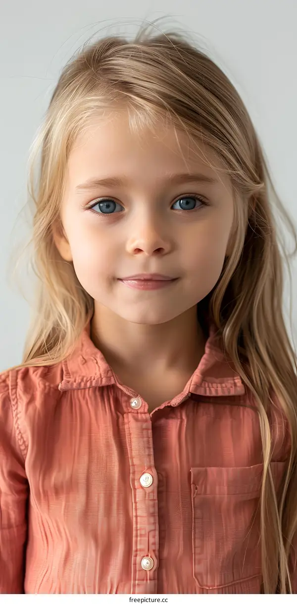Portrait of a cute little girl with long blond hair wearing an orange shirt