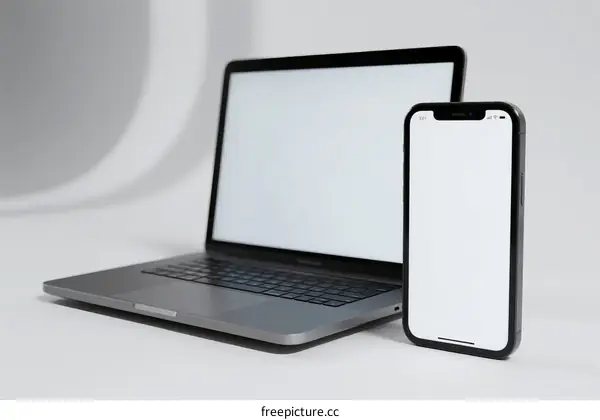 Laptop and smartphone with blank screens for modern technology display