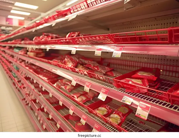 Empty Grocery Store Shelves With Red Baskets