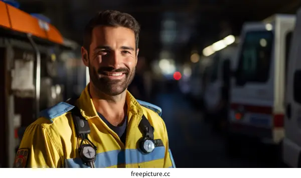 Portrait of a smiling male paramedic in uniform standing in front of an ambulance