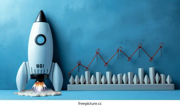 Illustration of a rocket launching from a stack of blocks with a line graph in the background